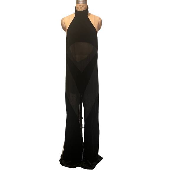 Black Contrast Mesh Velvet Sheer Halter Neck Open Back Flare Leg Jumpsuit Sz XL - Picture 3 of 12